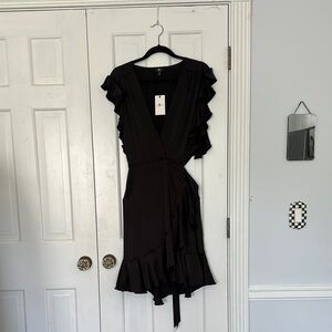 7 For All Mankind Black Flutter Sleeve Wrap Dress